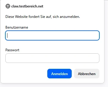 Login-Fenster mit Text: Diese Website fordert Sie auf, sich anzumelden. Felder Benutzername, Passwort. Anmelden Abbrechen.
