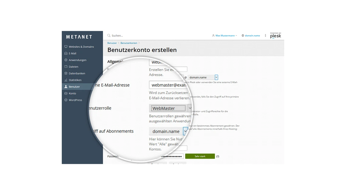 Screenshot einer Webhosting-Verwaltungsoberfläche mit dunkler Seitenleiste; Lupe fokussiert Benutzerkonto erstellen.