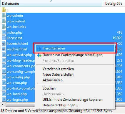 Fenster eines Dateimanagers zeigt Ordner wp-admin, wp-content, wp-includes und Datei index.php; Kontextmenü mit Herunterladen