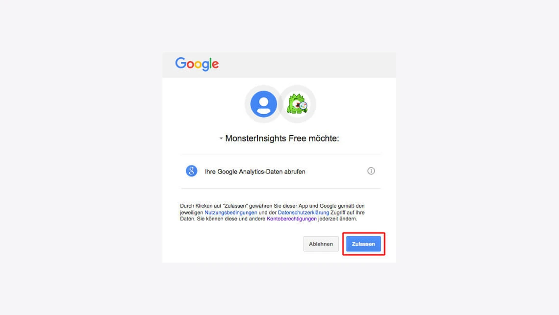Screenshot eines Google-Popup-Dialogs: Google-Logo, zwei runde Icons, Text, blauer 'Zulassen'-Button neben 'Ablehnen'.