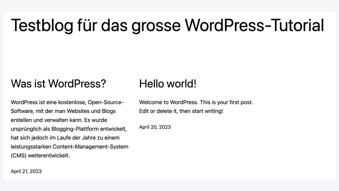 Blog-Startseite mit Titel 'Testblog für das grosse WordPress-Tutorial' zwei Spalten: 'Was ist WordPress?' und Hello world!