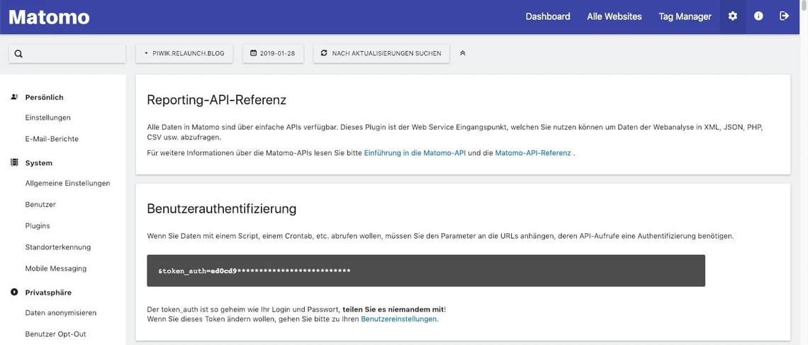 Screenshot eines Matomo-Dashboards: linke Seitenleiste, Hauptbereich mit 'Reporting-API-Referenz' und grauem Codeblock.