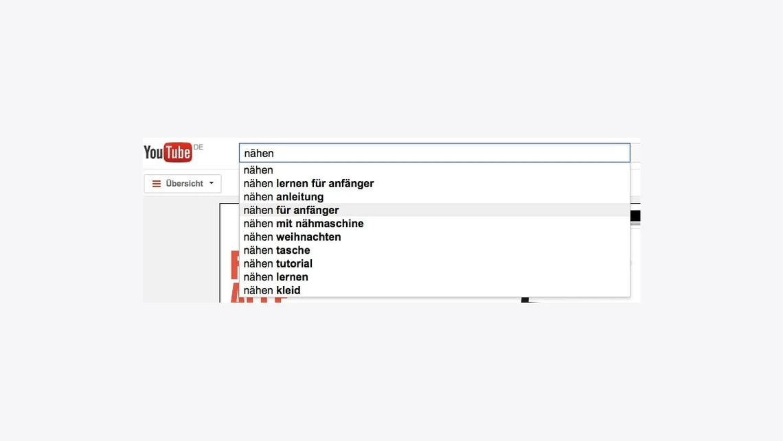 Screenshot eines YouTube-Suchfelds mit Dropdown-Vorschlägen, u. a. 'nähen' und 'nähen lernen'.