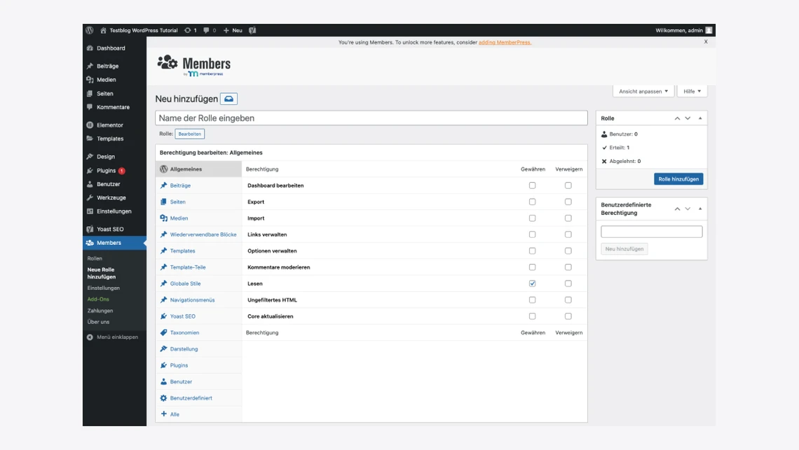 Screenshot der WordPress-Adminoberfläche: linkes Menü, Formular zum Hinzufügen einer Rolle (Name der Rolle, Beschreibung).