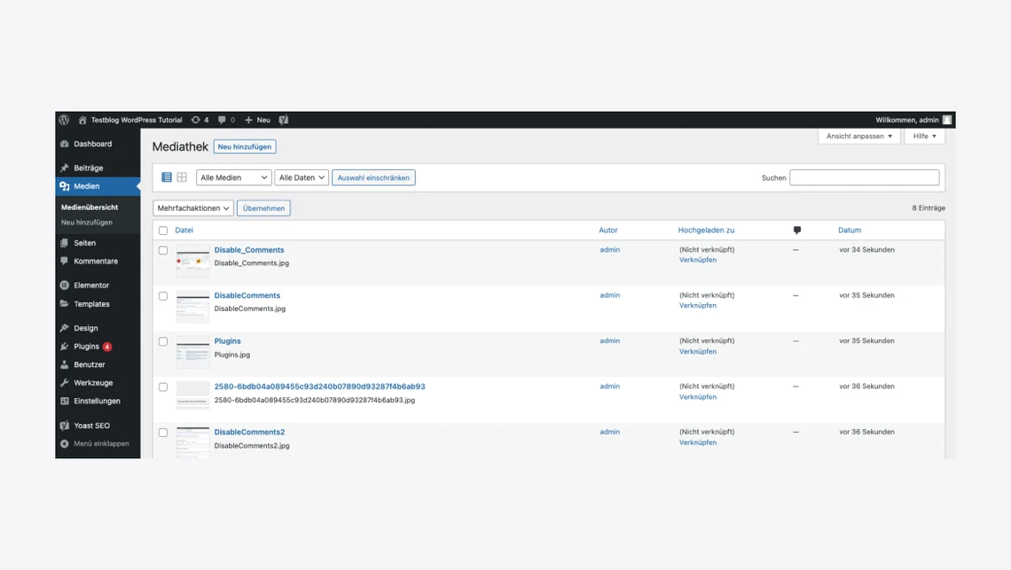 Screenshot der WordPress-Mediathek: linkes Admin-Menü und Dateiliste mit Dateinamen.