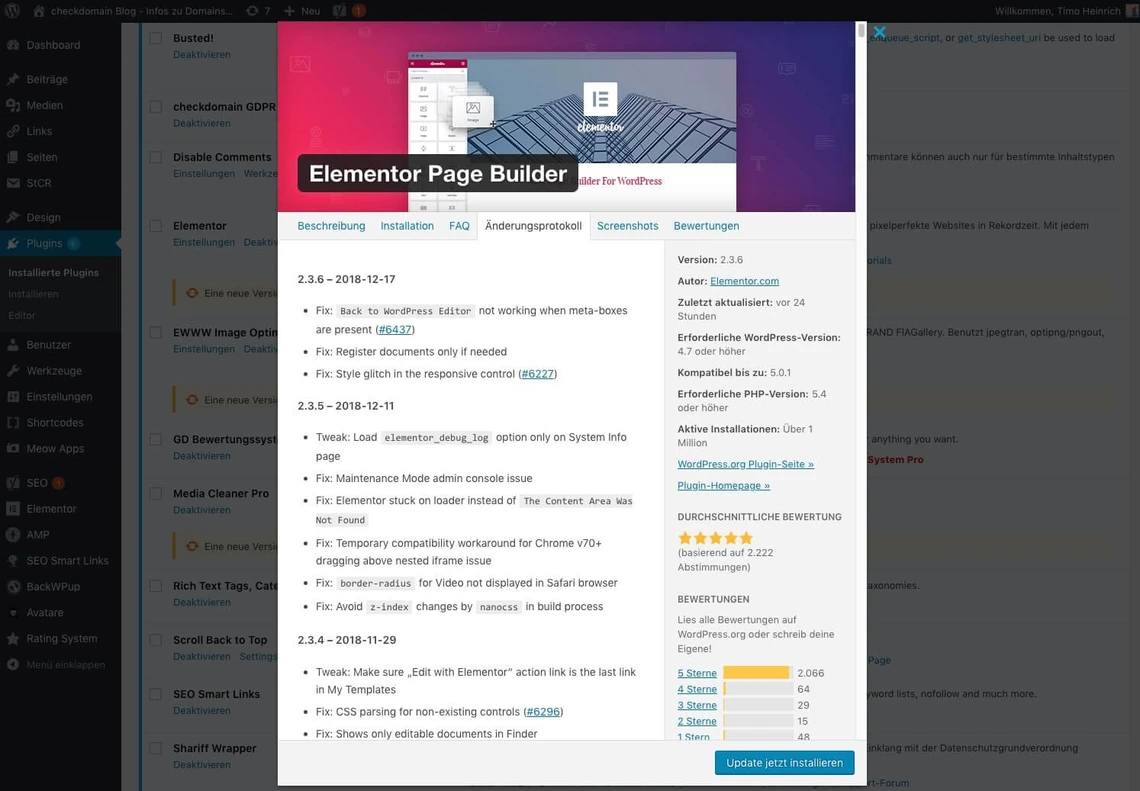 Screenshot der WordPress-Admin-Oberfläche mit einem Elementor Page Builder-Fenster über der linken Seitenleiste.