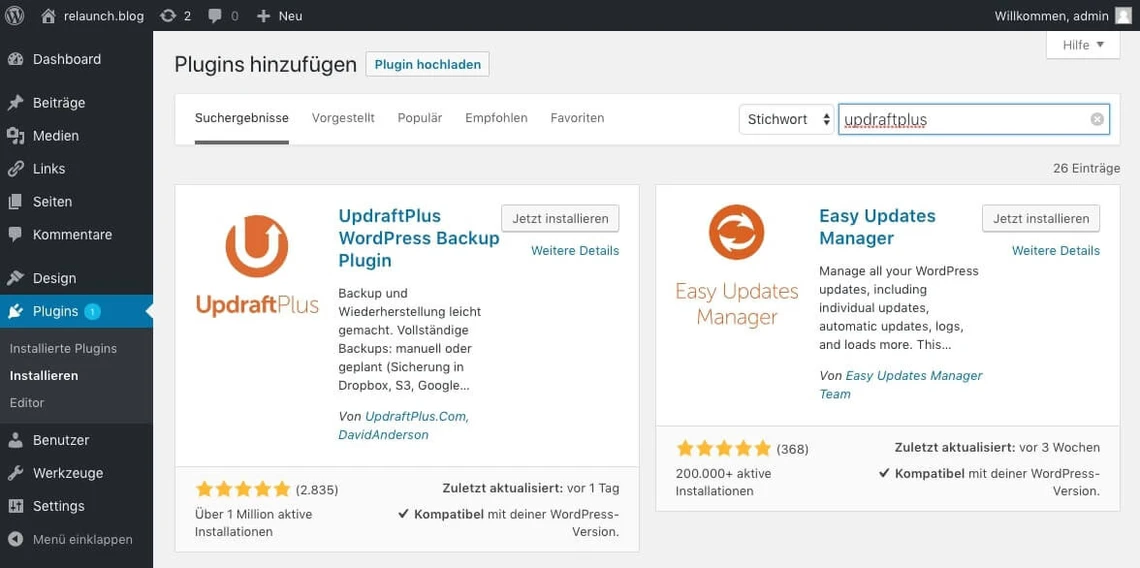 Screenshot eines WordPress-Dashboards mit Plugins-Seite; zwei Plugin-Karten (UpdraftPlus, Easy Updates Manager) sichtbar.
