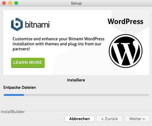 Installationsfenster mit Bitnami-Logo links, WordPress-Logo rechts, Fortschrittsbalken und Buttons Abbrechen, Zurück, Weiter.