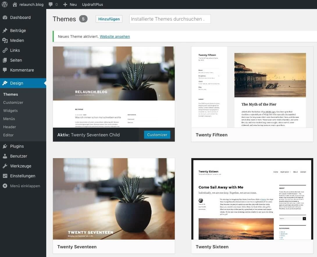WordPress-Adminbereich: Theme-Auswahl mit vier Thumbnail-Vorschauen; linke Seitenleiste mit Menüpunkten.