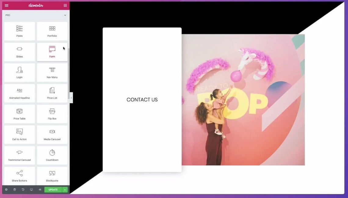 3D-Design-Editor: linke Symbolleiste, zentrale weiße Karte mit 'CONTACT US', rechts pinkes Wandbild mit großen Buchstaben.