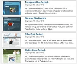 Bildschirm mit fünf Listeneinträgen; links Miniaturgrafiken, rechts Titelzeilen und kurze Beschreibungen.