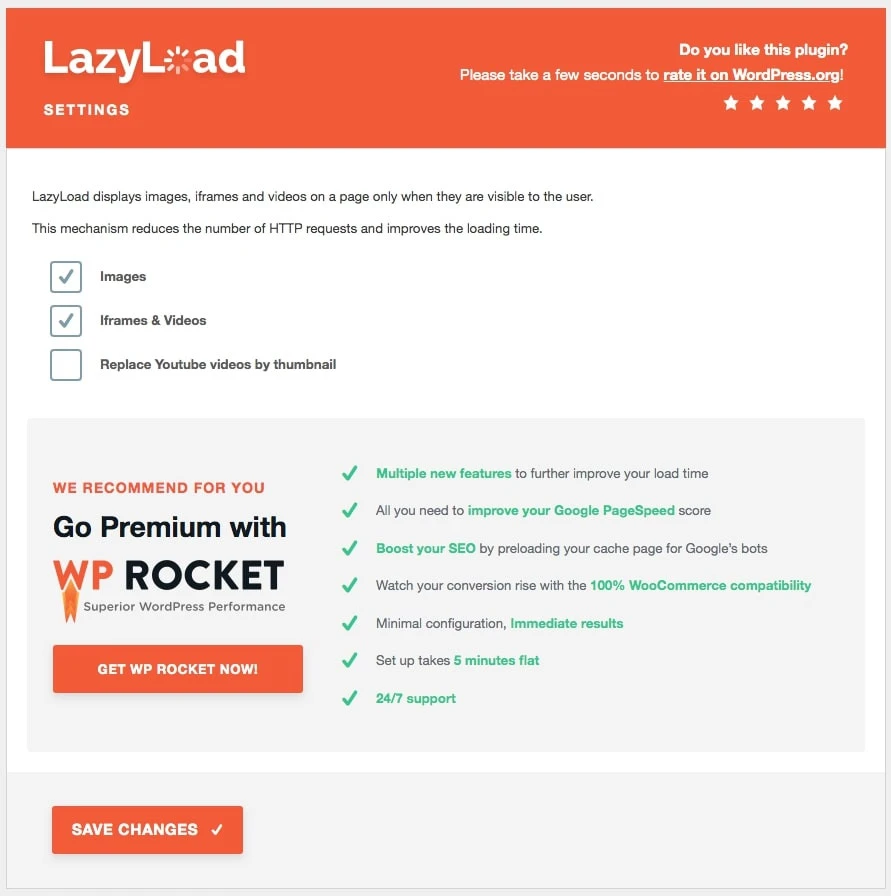 Screenshot einer LazyLoad-Einstellungsseite mit Checkboxen für Images, Iframes & Videos; orangefarbener Button 'GET WP ROCKET NOW'.