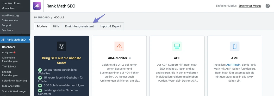 Screenshot eines Rank Math SEO Dashboards mit Seitenleiste und Modul-Karten.