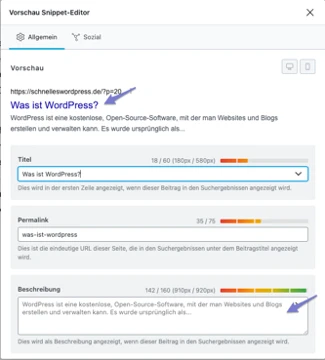 Screenshot des Vorschau-Snippet-Editors mit Titel Was ist WordPress?, URL-Vorschau, Permalink und Beschreibung.