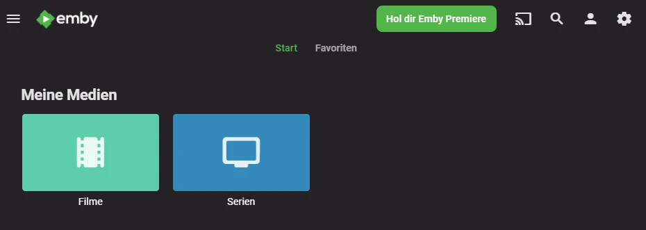 Emby-Dunkeloberfläche: Unter Meine Medien zwei Kacheln: Filme (grün) und Serien (blau) mit Filmstreifen- bzw. Monitor-Icon.