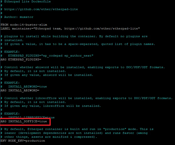 Terminalansicht eines Dockerfile für Etherpad Lite mit Kommentaren und Plugin-Parametern.