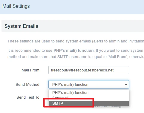 Screenshot einer Mail-Einstellungen-Seite: System Emails, Mail From und geöffnetes Send Method-Dropdown mit SMTP.