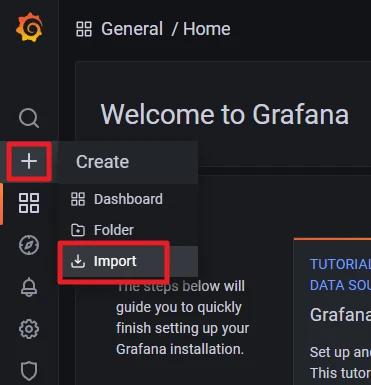 Grafana-UI: Linke Seitenleiste mit Plus-Button, Dropdown zeigt Create, Dashboard, Folder und Import (ausgewählt).