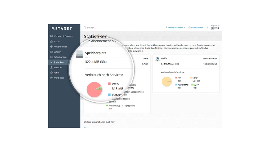 Screenshot einer Server-Verwaltungsoberfläche; Lupenvergrößerung zeigt Speicherplatz- und Service-Verbrauchsdiagramme.