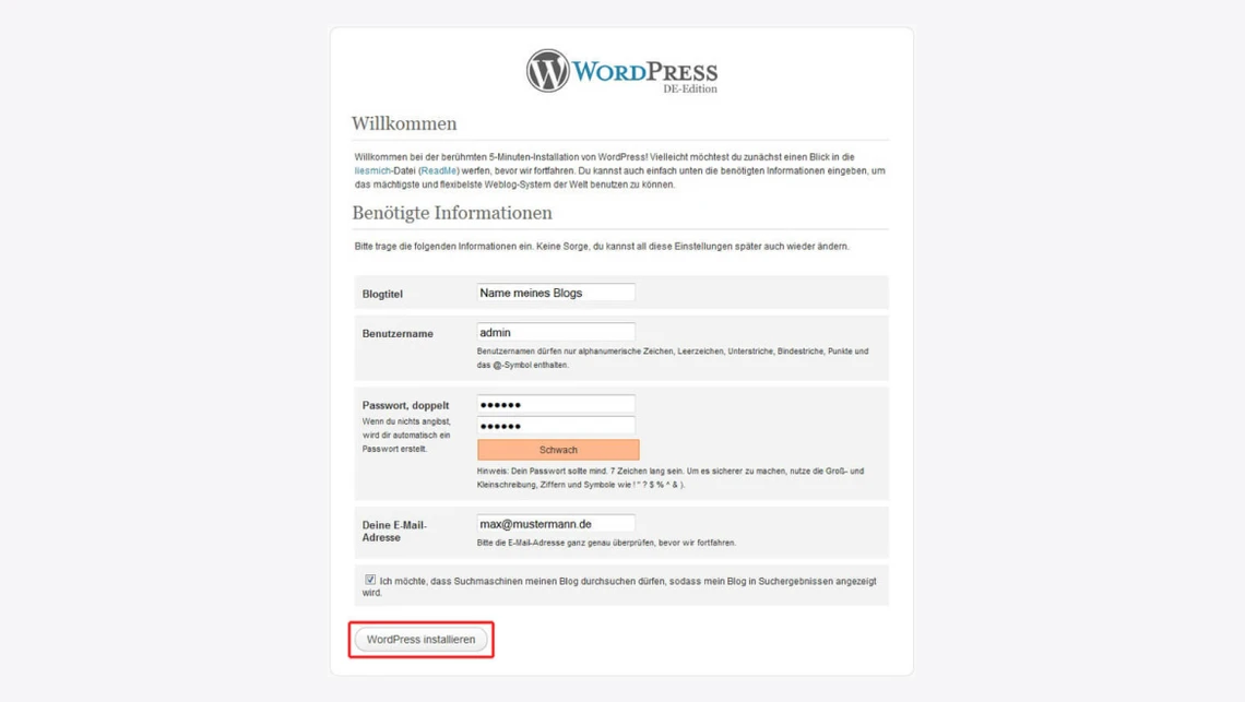 WordPress-Installationsseite: Logo, Felder Blogtitel, Benutzername admin, Passwort, E-Mail; Button WordPress installieren.