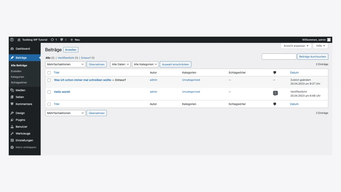 Bildschirm mit WordPress-Adminbereich: linke Seitenleiste, zentrale Beitragsliste mit Titel, Autor, Kategorien, Datum.