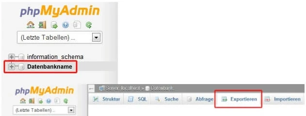 phpMyAdmin-Oberfläche; linkes Menü mit 'Datenbankname' markiert, obere Leiste mit 'Exportieren' hervorgehoben.