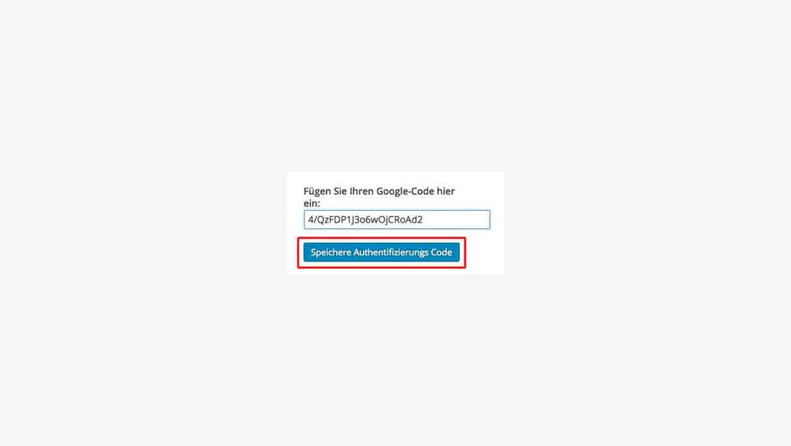 Zentriertes weißes Dialogfenster mit Aufforderung 'Fügen Sie Ihren Google-Code hier ein', Textfeld mit Code und blauem Button 'Speichern Authentifizierungscode'.