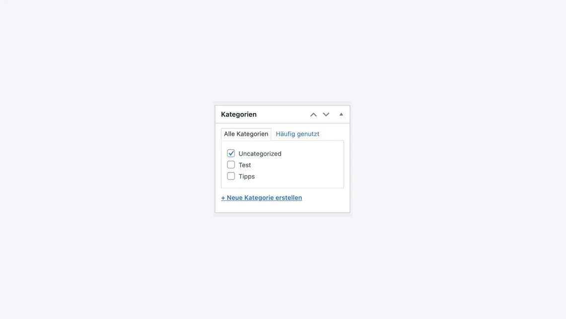 Kategorien-Fenster mit Checkboxen: Uncategorized, Test, Tipps; Link + Neue Kategorie erstellen.