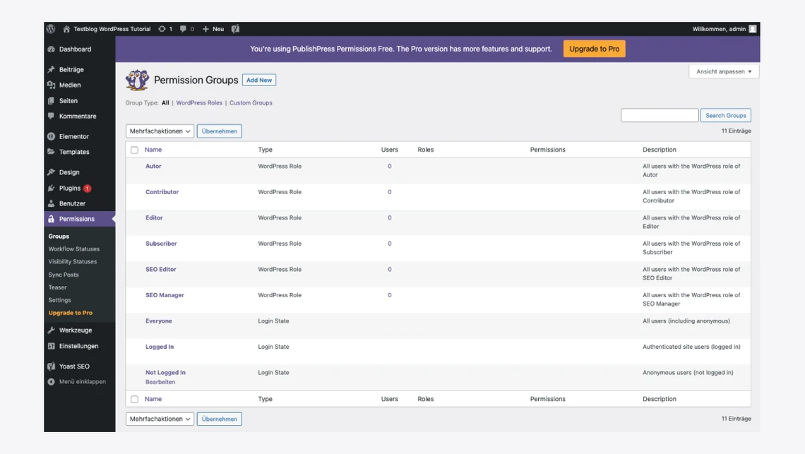 Screenshot einer WordPress-Admin-Seite mit linksseitiger Navigation; Tabelle zeigt Gruppen, Rollen und Beschreibungen.