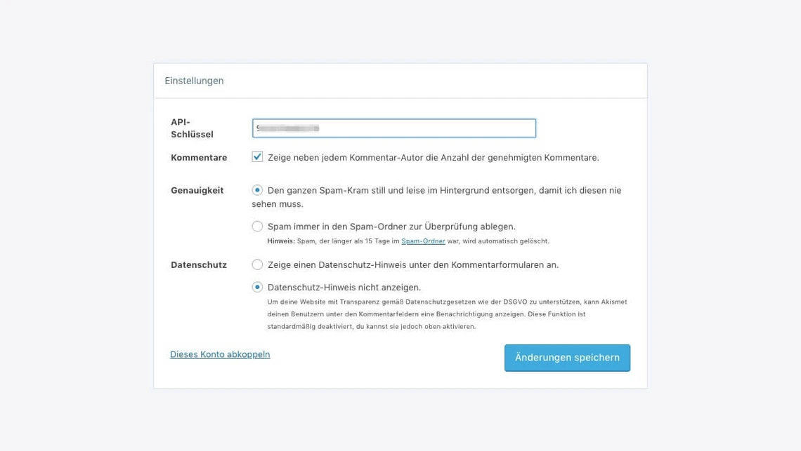 Screenshot eines Einstellungsfensters mit API-Schlüssel-Eingabefeld und der Schaltfläche 'Änderungen speichern'.
