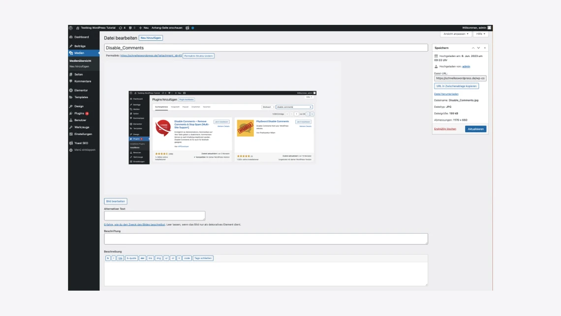 Screenshot eines WordPress-Admin-Dashboards: linke Navigationsleiste und zentraler Inhaltsbereich.