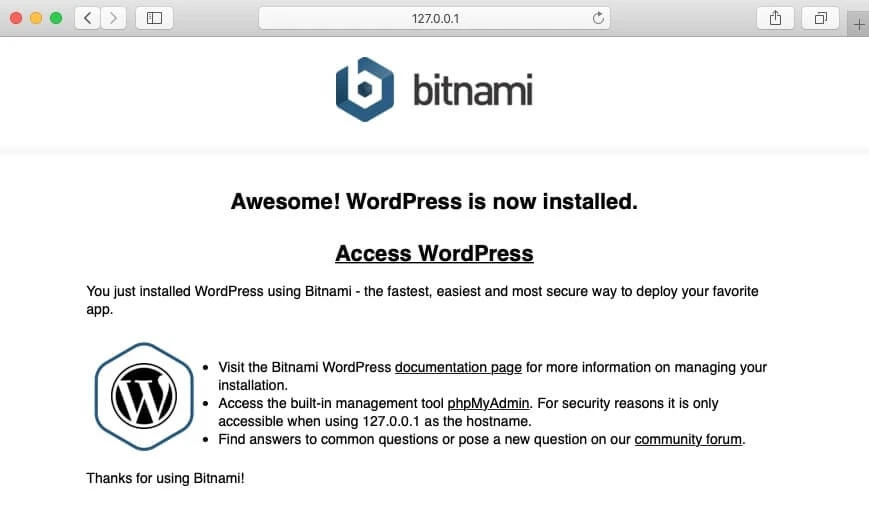 Bildschirm mit Bitnami-WordPress-Installationsseite; Überschrift Awesome! WordPress is now installed. WordPress-Logo (links).