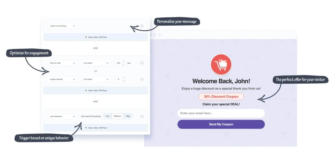 Zwei UI-Panels: links Liste, rechts Willkommensnachricht 'Welcome Back, John!' auf violettem Hintergrund.
