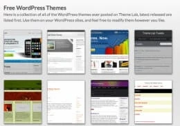 Collage aus acht WordPress-Theme-Vorlagen mit Vorschaubildern in verschiedenen Farben.