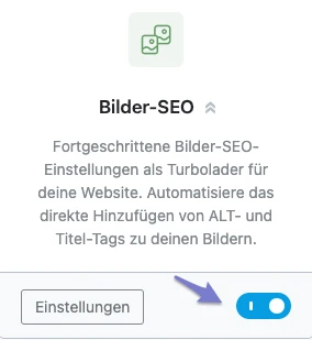 Modal mit Icon von Fotokarten, Titel Bilder-SEO, Text; darunter links Einstellungen und rechts blauer Kippschalter (an).
