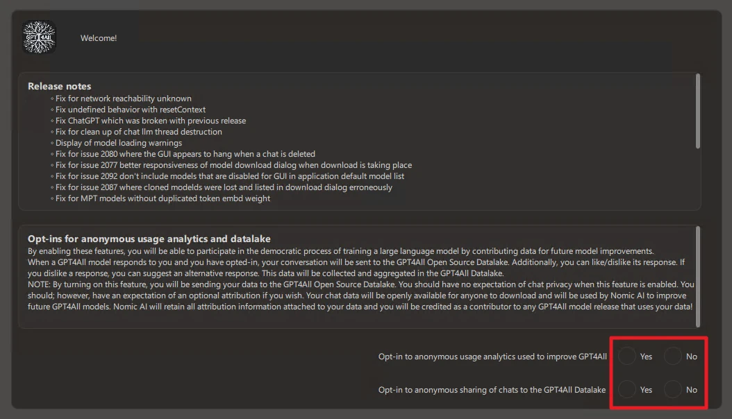Screenshot einer dunklen Software-Oberfläche mit Willkommen-Bereich, Release notes und Opt-in-Einstellungen (Ja/Nein).