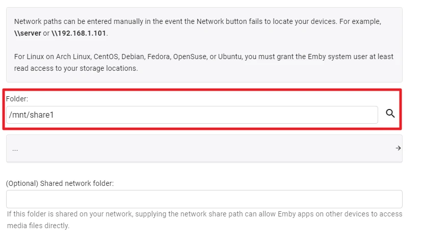 Dialogfeld mit Beschriftung 'Folder:' und Eingabewert '/mnt/share1'; rechts daneben Lupen-Symbol.