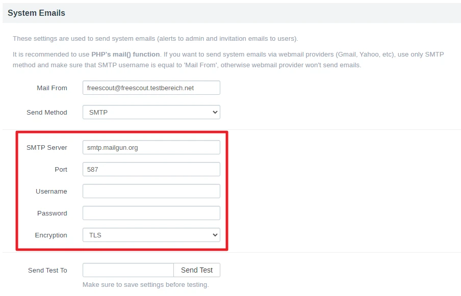 System-Emails: rot markiertes Formular mit SMTP-Server, Port 587, Username, Password, Encryption TLS.