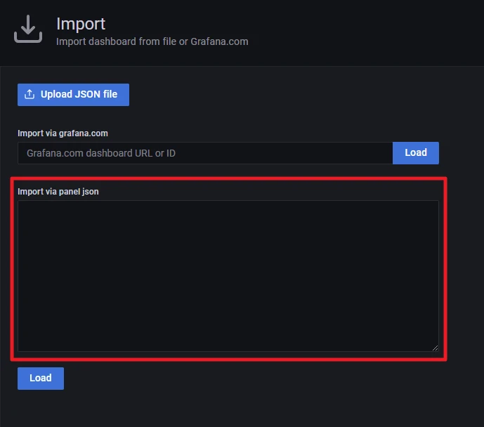 Grafana-Importbildschirm im Dunkelmodus; Eingabe- und Upload-Felder, roter Rahmen um leeres Panel-JSON-Feld, Load-Buttons.