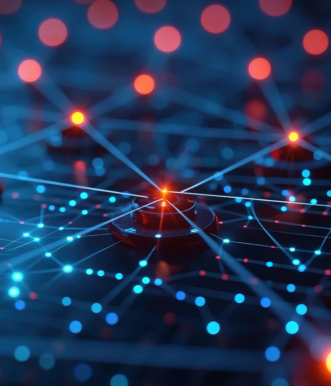 Dunkler Hintergrund mit vielen blauen Leuchtpunkten, verbunden durch blaue Linien; rote Leuchtknoten.