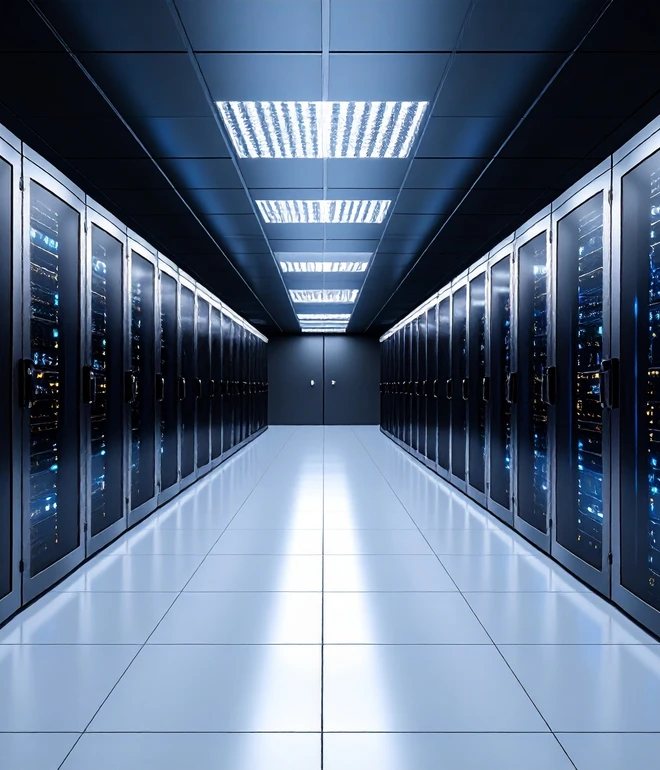 Blick in eine Serverrack-Halle: Reihen von Serverracks links und rechts, blaue LEDs, heller Flur.