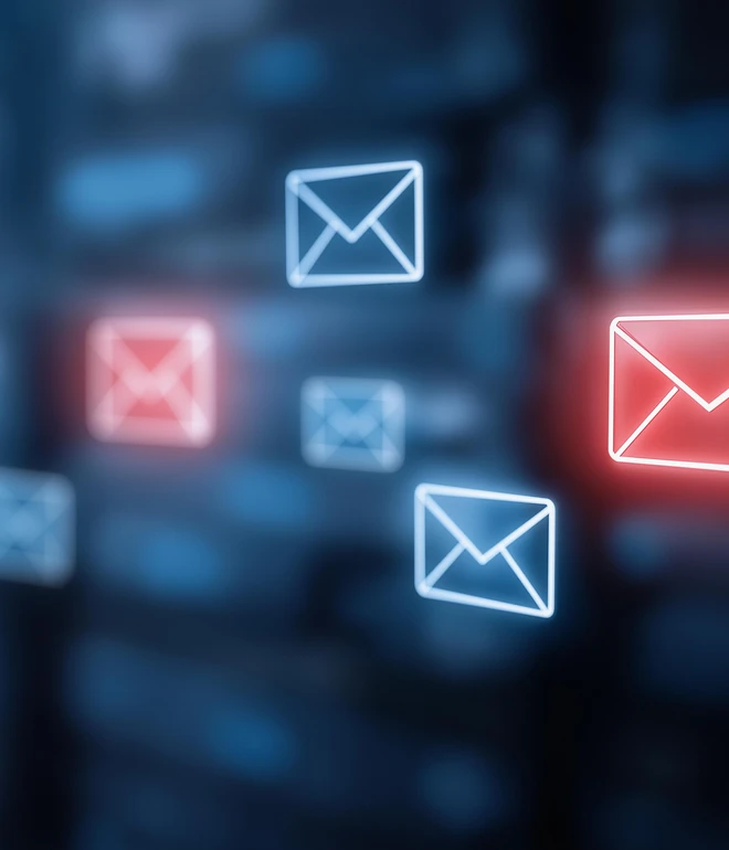 Mehrere leuchtende Briefumschläge in Blau und Rot vor unscharfem dunklem Hintergrund.