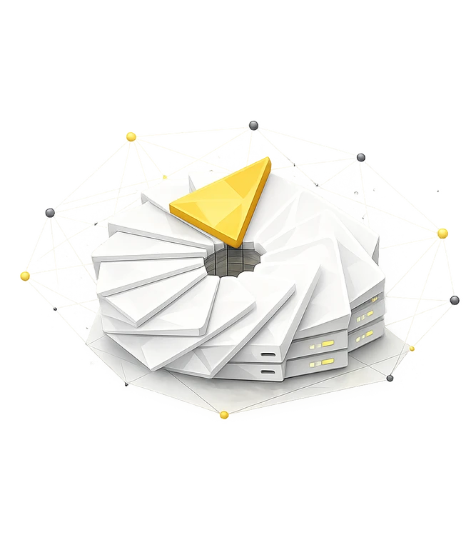 Weiße spiralförmige Geometrie aus vielen Platten, gelbes Dreieck oben, umliegende gelbe Punkte.