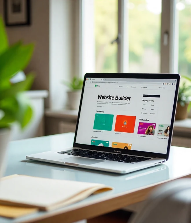 Laptop geöffnet auf Tisch, Display zeigt Website Builder, daneben Notizbuch, grüne Pflanzen und Fenster im Hintergrund.