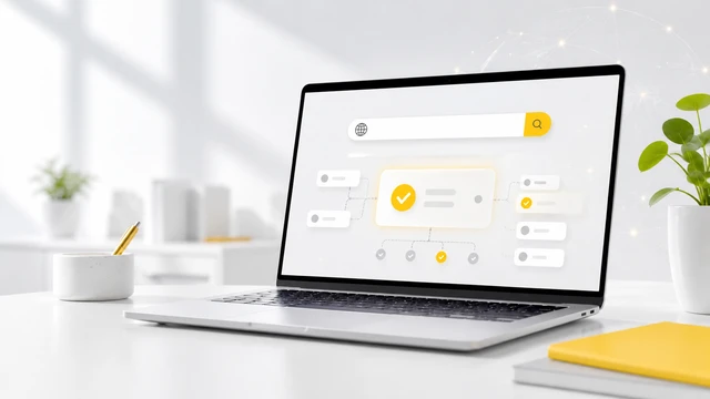 Laptop auf weißem Tisch; Bildschirm zeigt Diagramm-Dashboard mit gelbem Akzent, daneben Pflanze und gelbes Notizbuch.