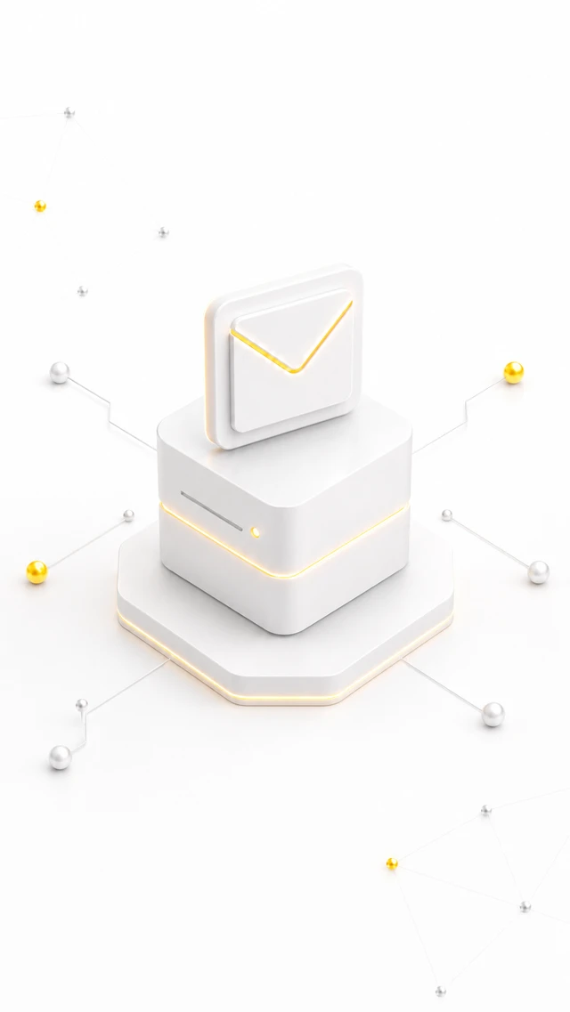 Weißer 3D-Sockel mit dreistufigem Aufbau und Umschlag-Icon darauf; Linien verbinden ihn mit kleinen gelb leuchtenden Punkten.