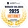 Runder Aufnäher mit schwarzem Rand, weißem Hintergrund; HOSTtest Webhoster des Jahres 2025 METANET, Lorbeerkränze.
