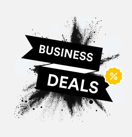 Schwarze Banner mit weißem Text 'BUSINESS' und 'DEALS' über einem Spritz-Hintergrund; rechts gelbes Abzeichen