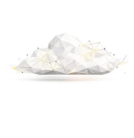 Weiße, polygonale Wolke aus Dreiecken mit gelben Verbindungslinien vor schwarzem Hintergrund.