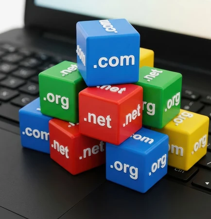 Mehrfarbige Würfel mit Domain-Endungen (.com, .net, .org) stapeln sich auf einer Laptop-Tastatur.